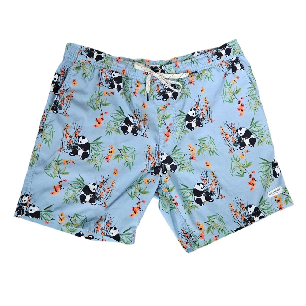 Public Access Mens Panda Bamboo Print Swim Trunks Light Blue Medium 36" Shorts